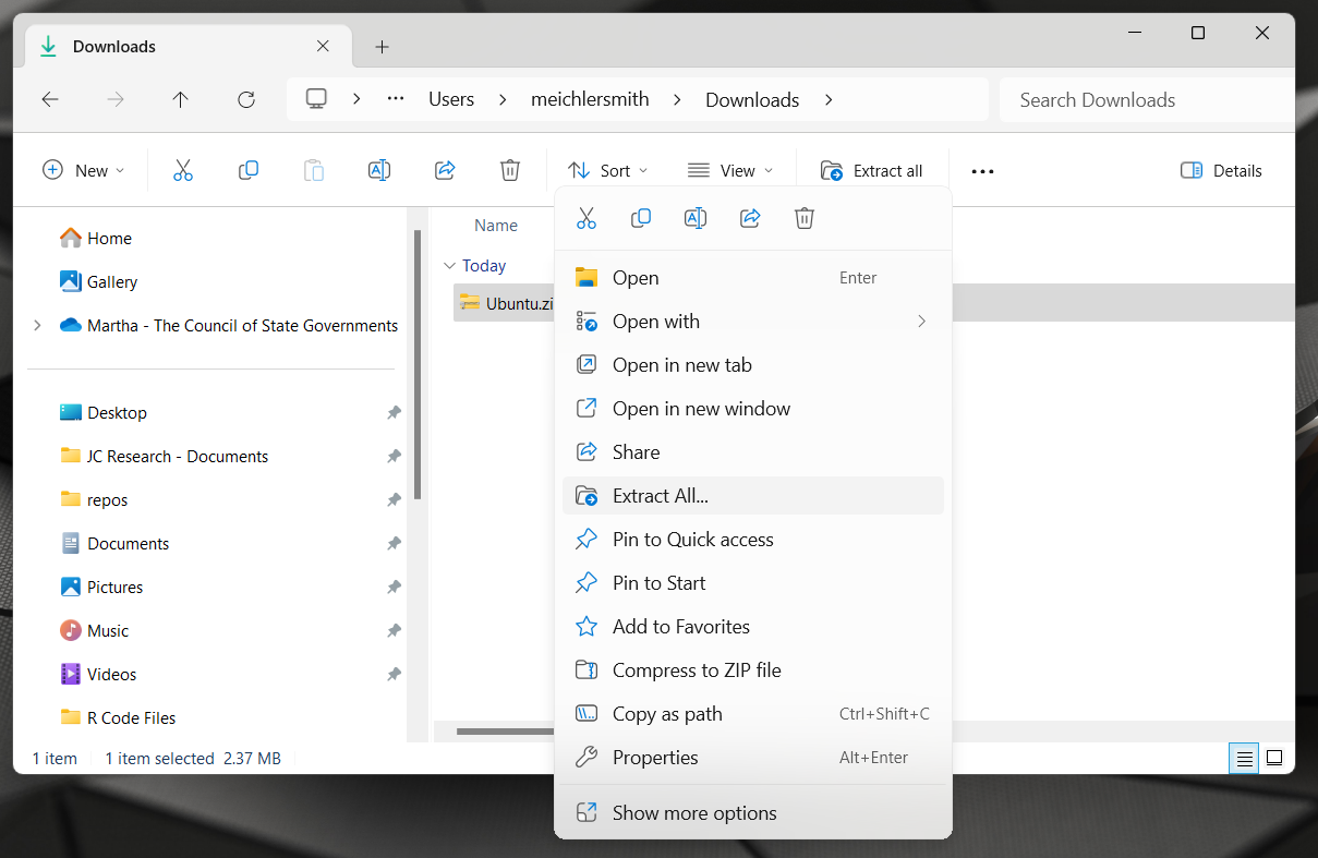 Window of file explorer showing the Ubuntu.zip file