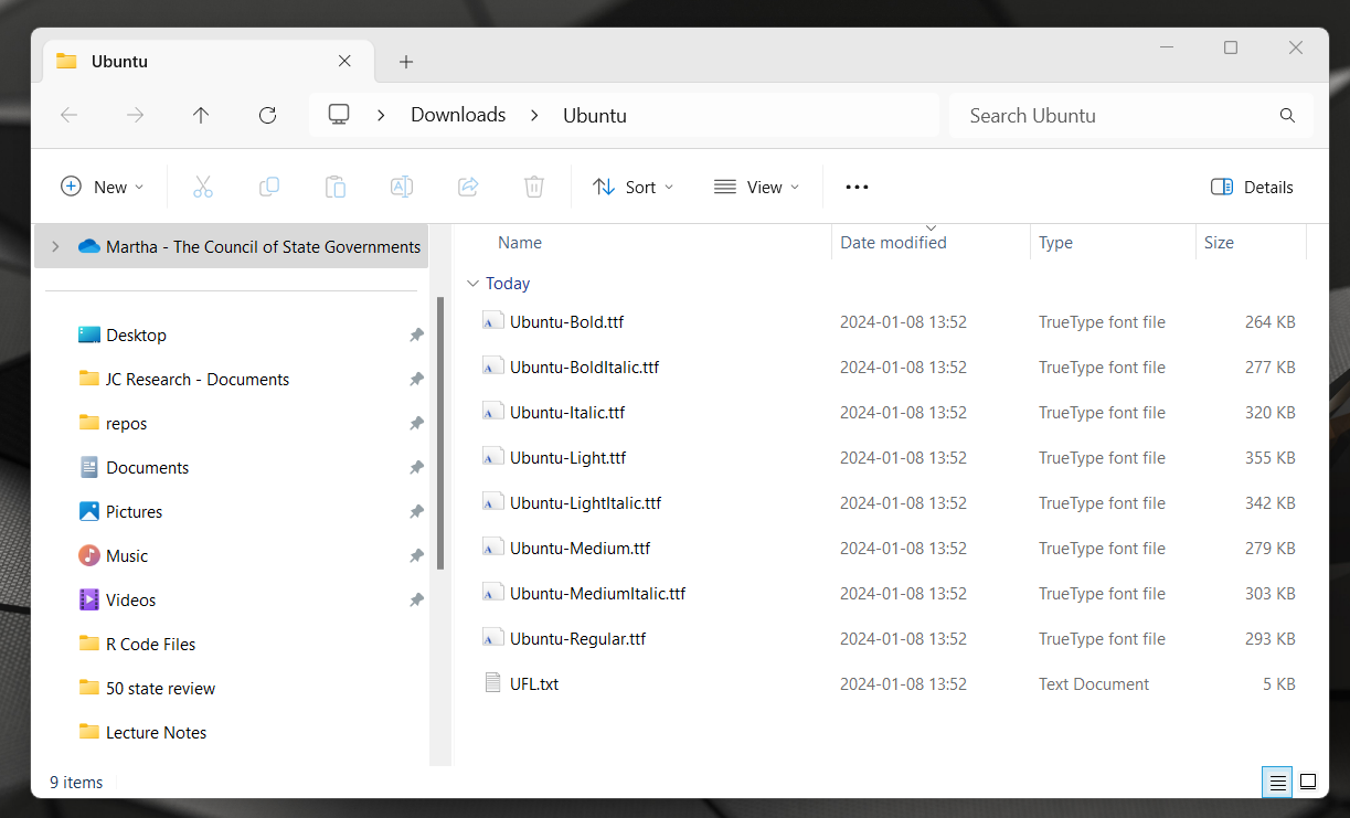 Window of file explorer extracted Ubuntu font files