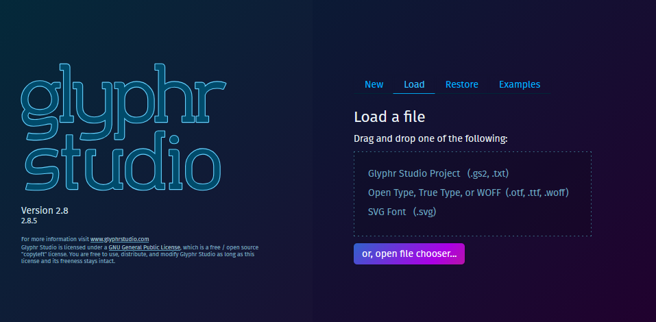 home page of glphyr studio app, select 2nd tab that says load