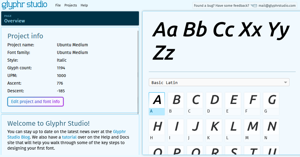 glphyr studio landing page after font has been imported, shows button to edit project and font info