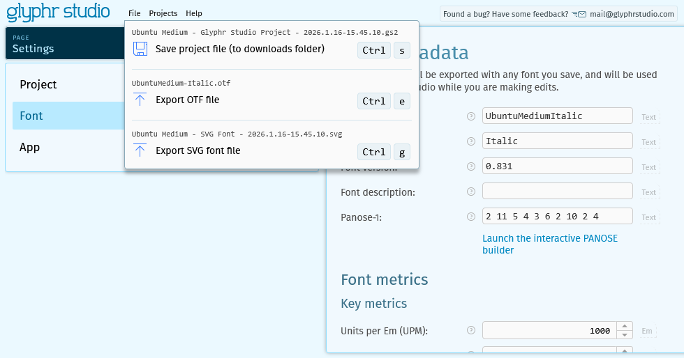 shows export to otf optioin from the file menu