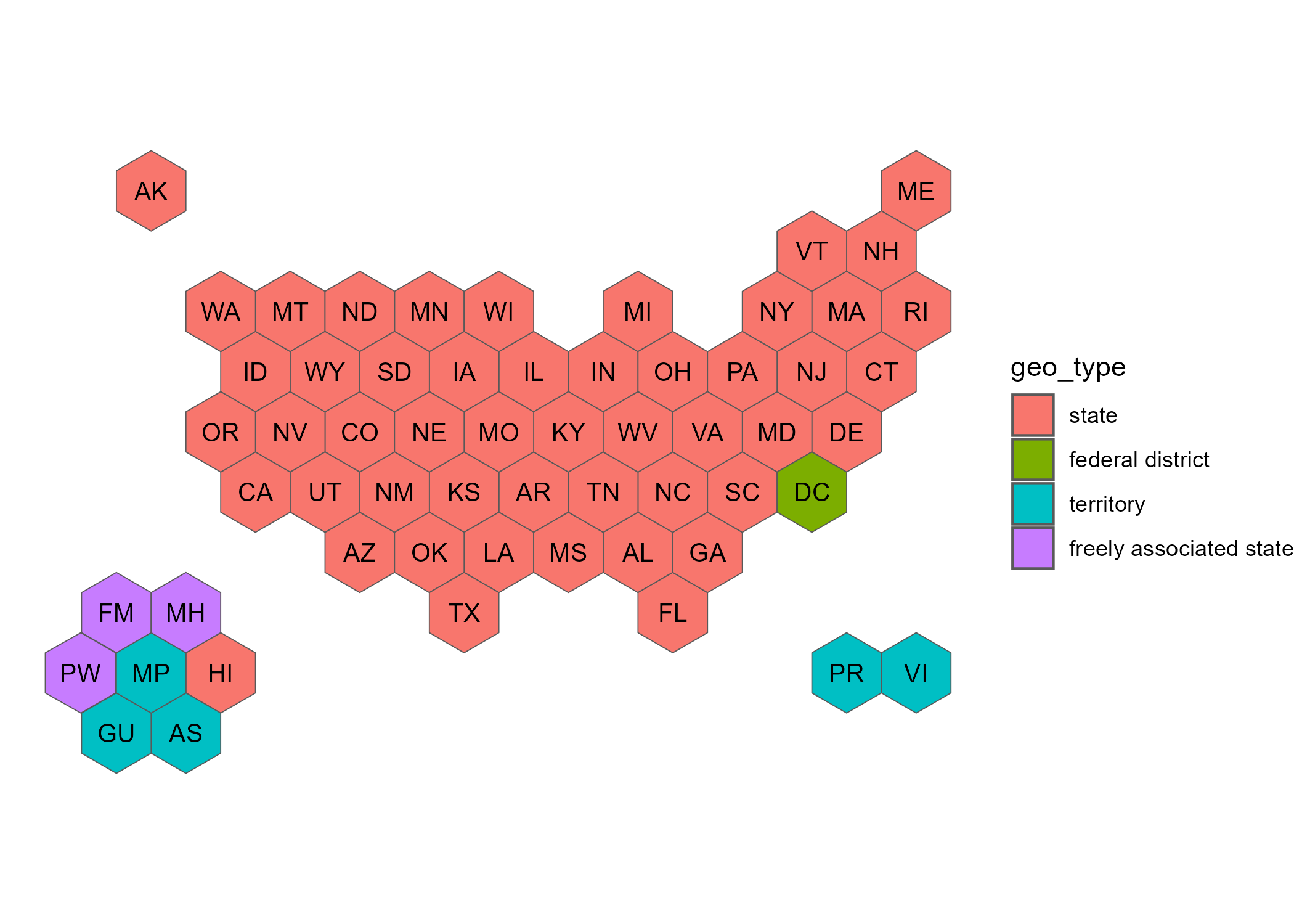 usa59 hex map showing all geographies available, using USPS abbreviation